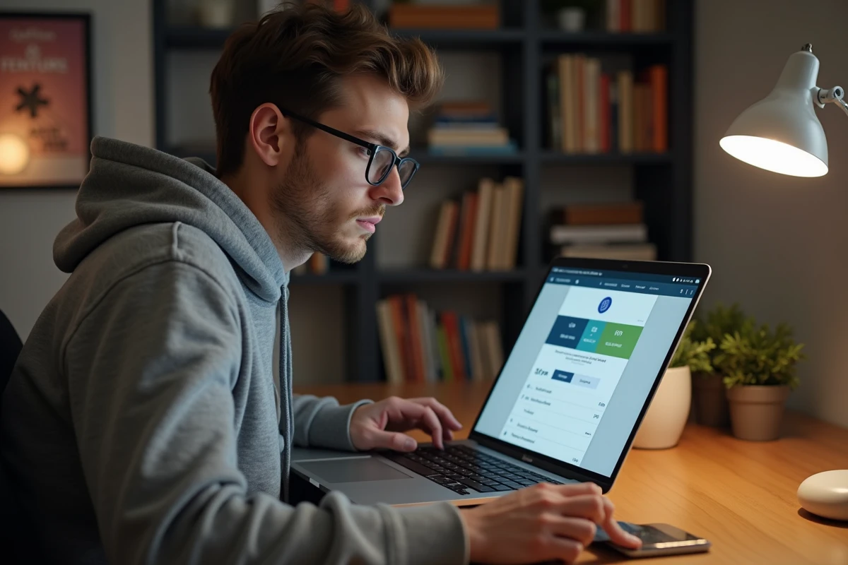 Homme consultant les prix des billets Tomorrowland 2026 sur son ordinateur portable, prêt à finaliser son achat en ligne avec sa carte bancaire