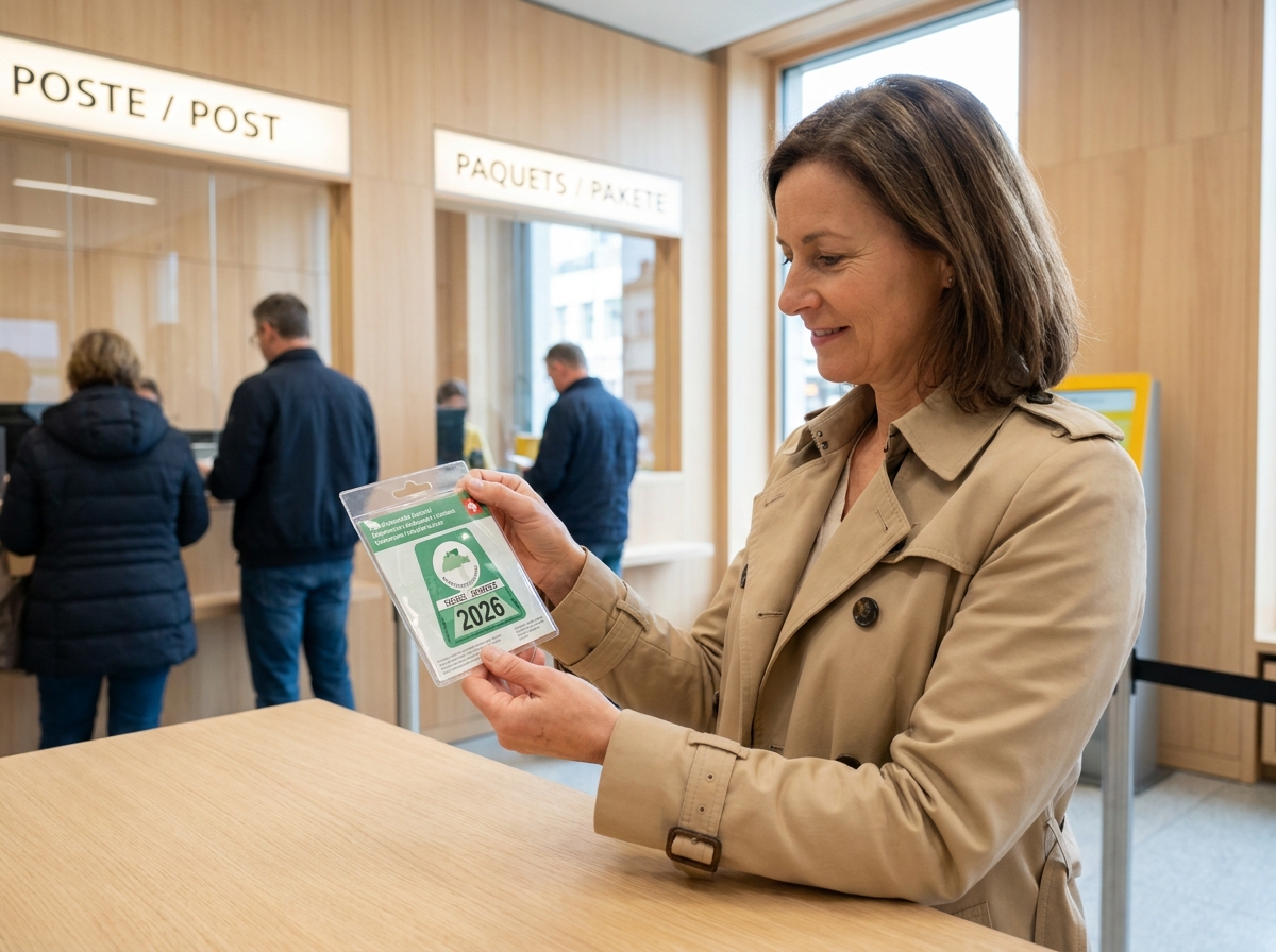 Femme tenant une vignette autoroutière suisse 2026 achetée dans un bureau de poste en Suisse