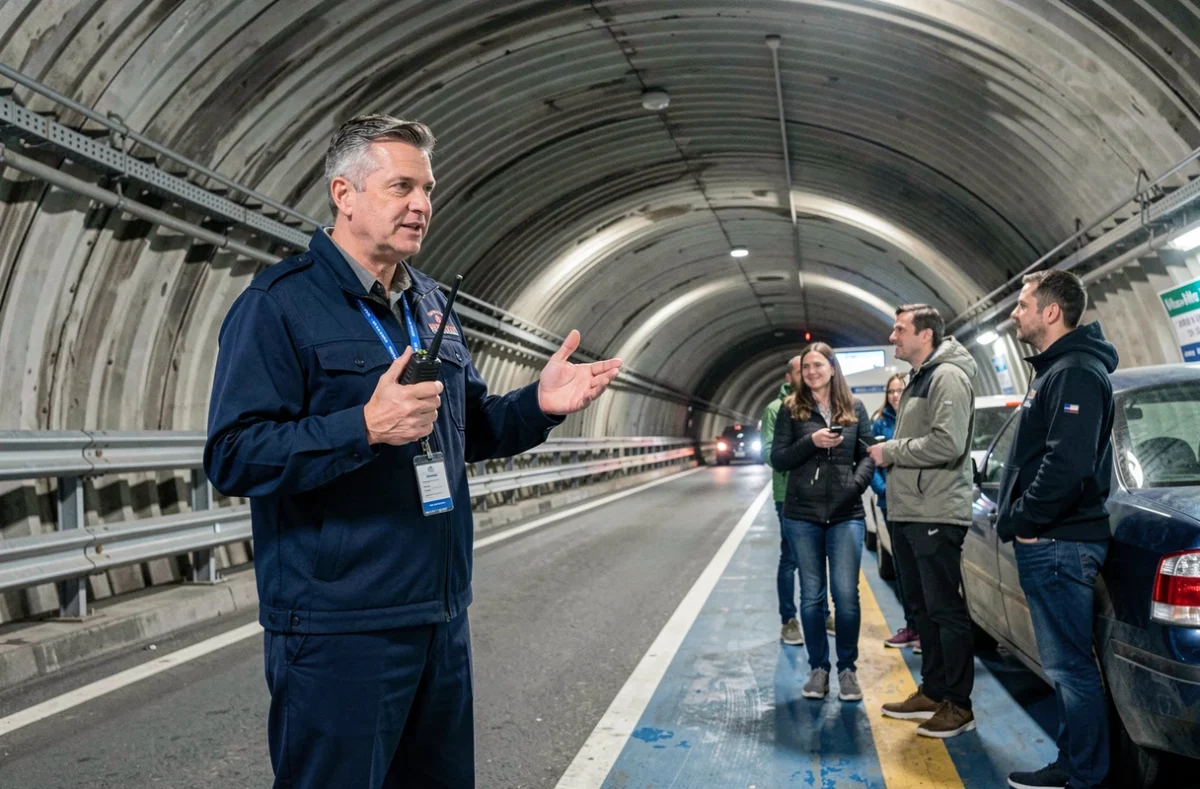 Agent Eurotunnel informant des passagers sur le quai de chargement lors d'un retard de train sous la Manche