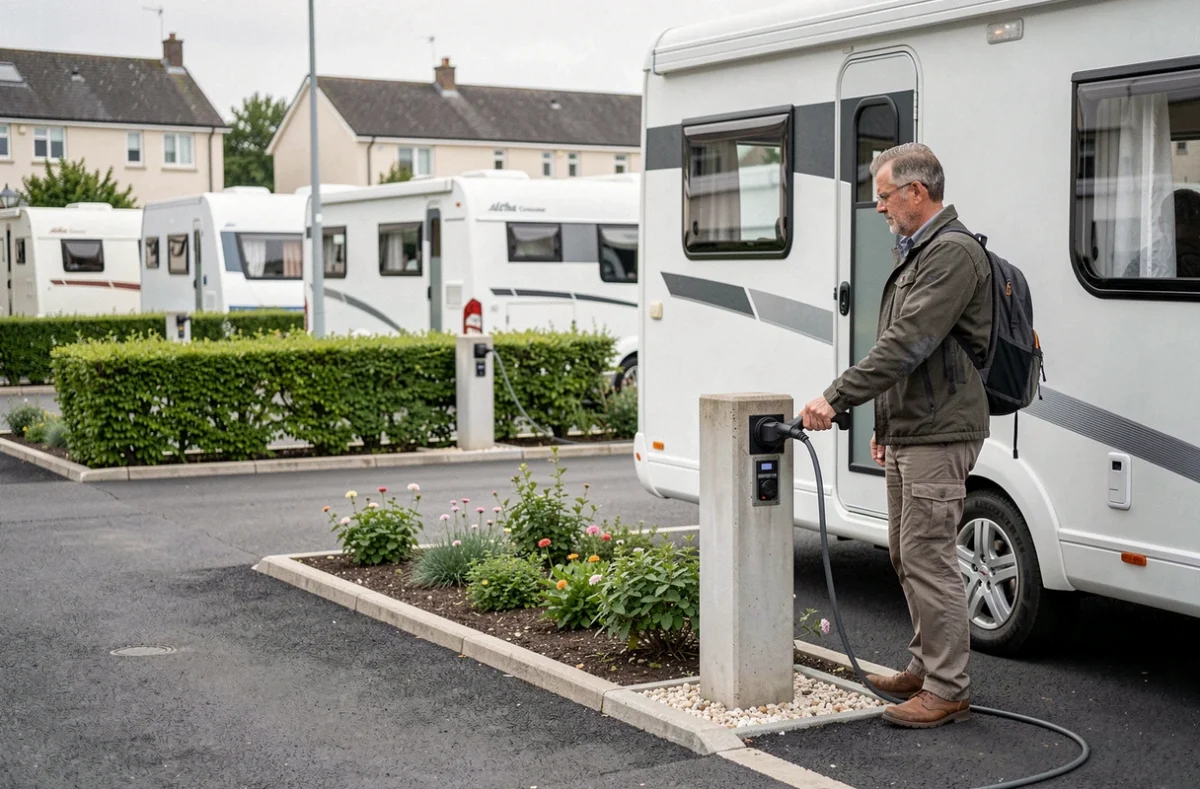 Emplacements modernes pour camping-cars avec bornes électriques et haies soignées à l'Alpha Camping près de Paris