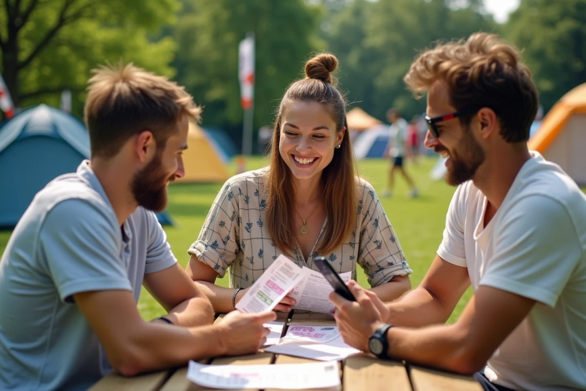 Groupe d'amis consultant des billets et une application de billetterie pour Tomorrowland dans un camping de festival entouré de tentes colorées