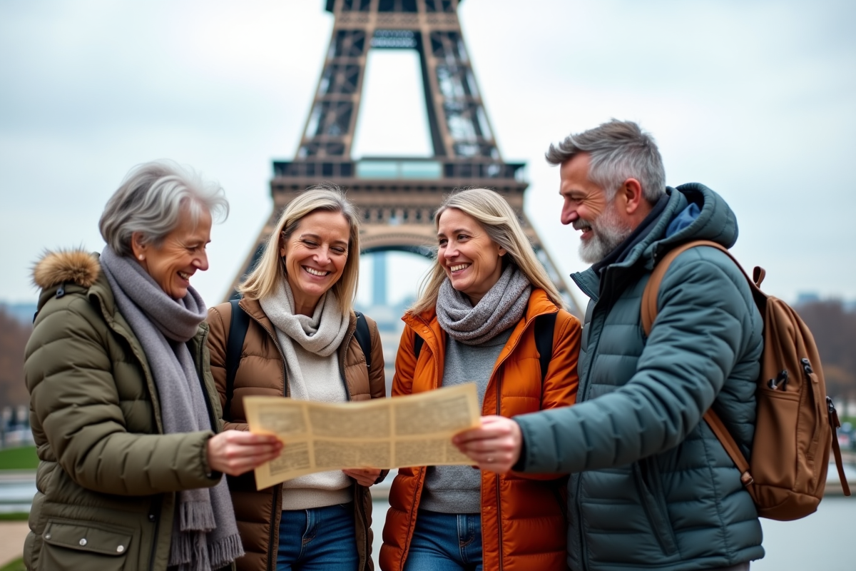 Groupe d'amis devant la tour Eiffel à Paris