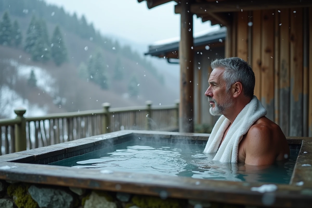 Bain thermal traditionnel en plein air à Nozawa Onsen avec vapeur naturelle et neige tombante sur fond de forêt enneigée