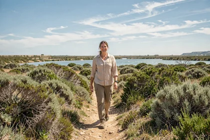Femme en balade sur le sentier de la Pointe du Salaison à Mauguio, entourée de végétation méditerranéenne avec vue sur l'étang de l'Or