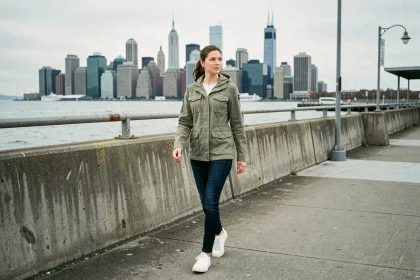 Femme voyageant en solo sur le front de mer de Staten Island avec vue sur Manhattan depuis le terminal du ferry