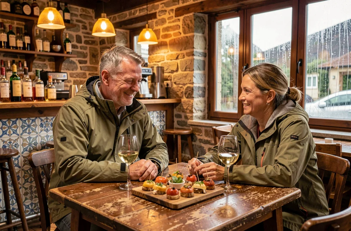Couple dégustant des pintxos et du vin basque dans un bar chaleureux de Dancharia par temps de pluie