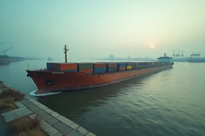 Barge chargée de conteneurs naviguant sur le Rhin au port industriel de Duisbourg à l'aube
