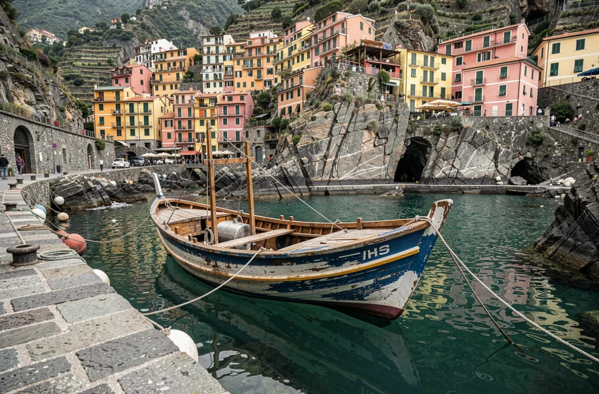 Barque de pêche traditionnelle amarrée dans le port de Manarola aux Cinq Terres au coucher de soleil
