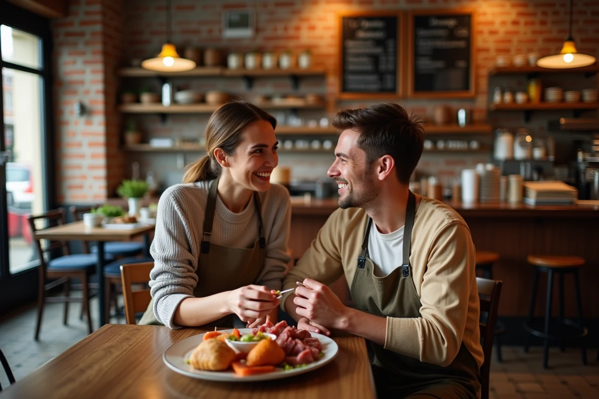 Couple partageant une planche de charcuterie lyonnaise dans un bouchon traditionnel près de la gare Part-Dieu