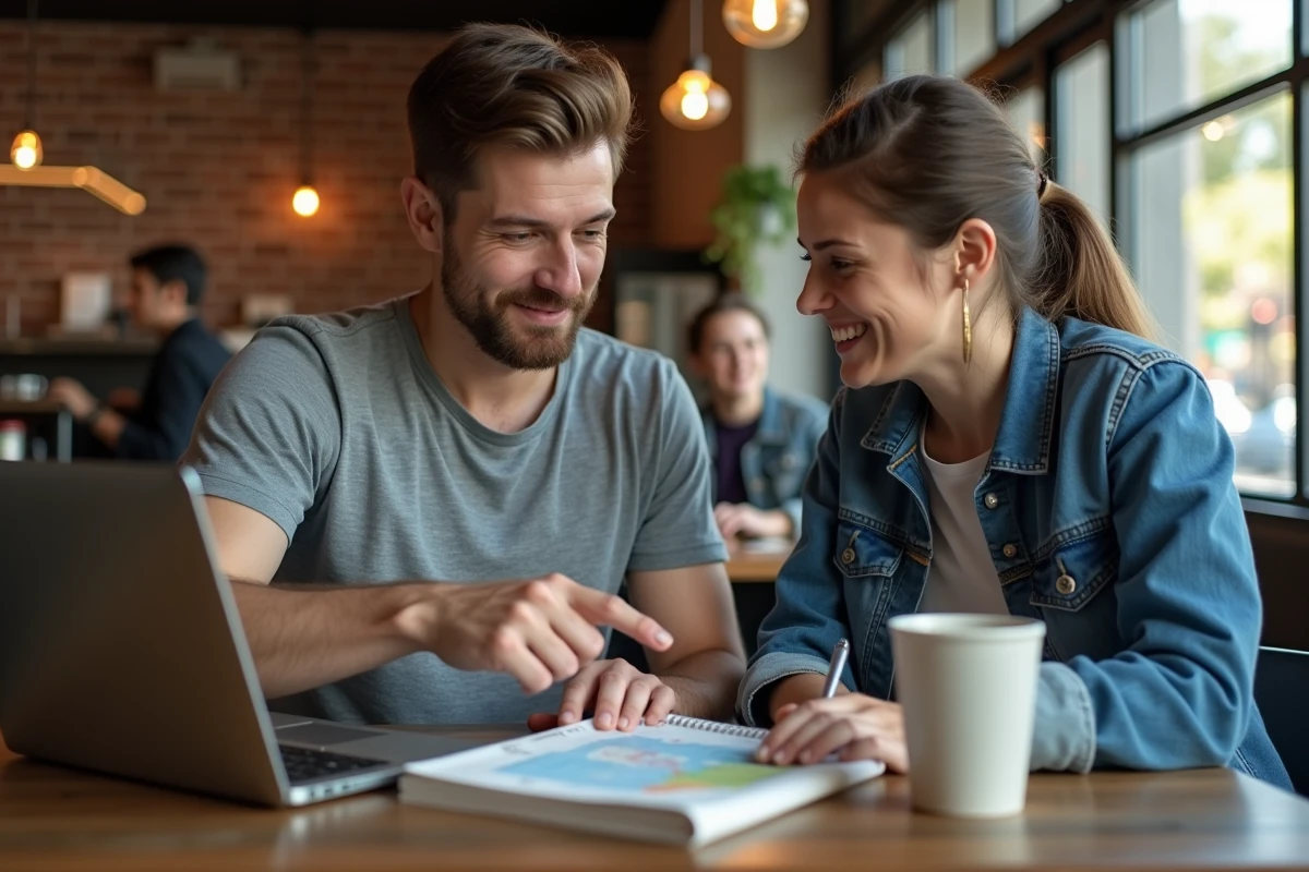 Couple calculant le budget d'un aller-retour Los Angeles Las Vegas dans un café moderne