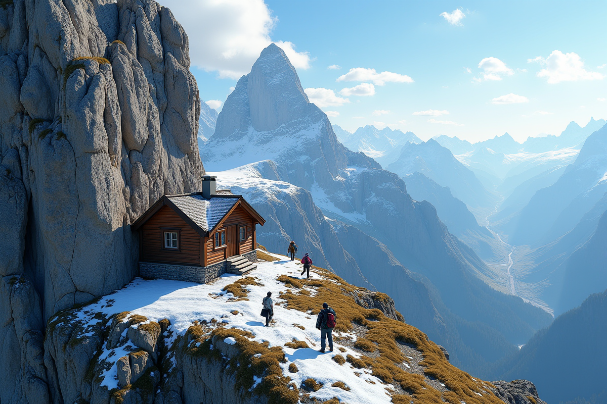 Cabane de montagne avec randonneurs sous ciel bleu en plein jour