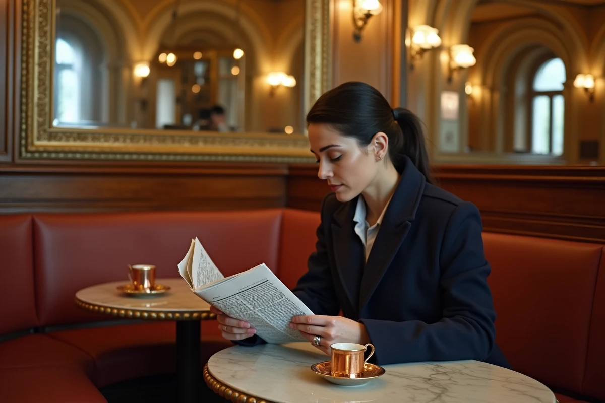 Femme lisant dans un café viennois traditionnel avec décor en marbre et miroirs anciens
