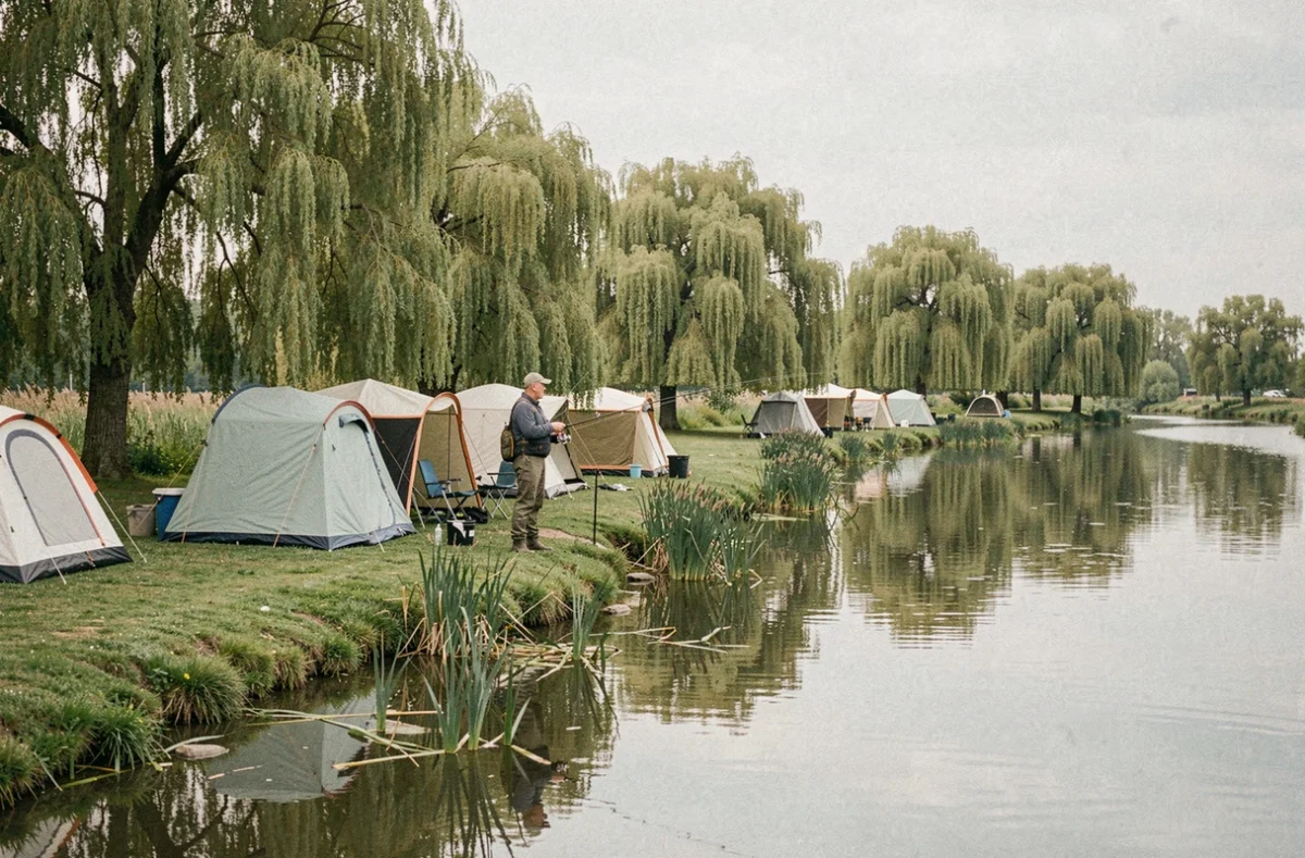 Camping Au Vert de l'Authie avec tentes au bord de la rivière Authie et pêcheur à la ligne