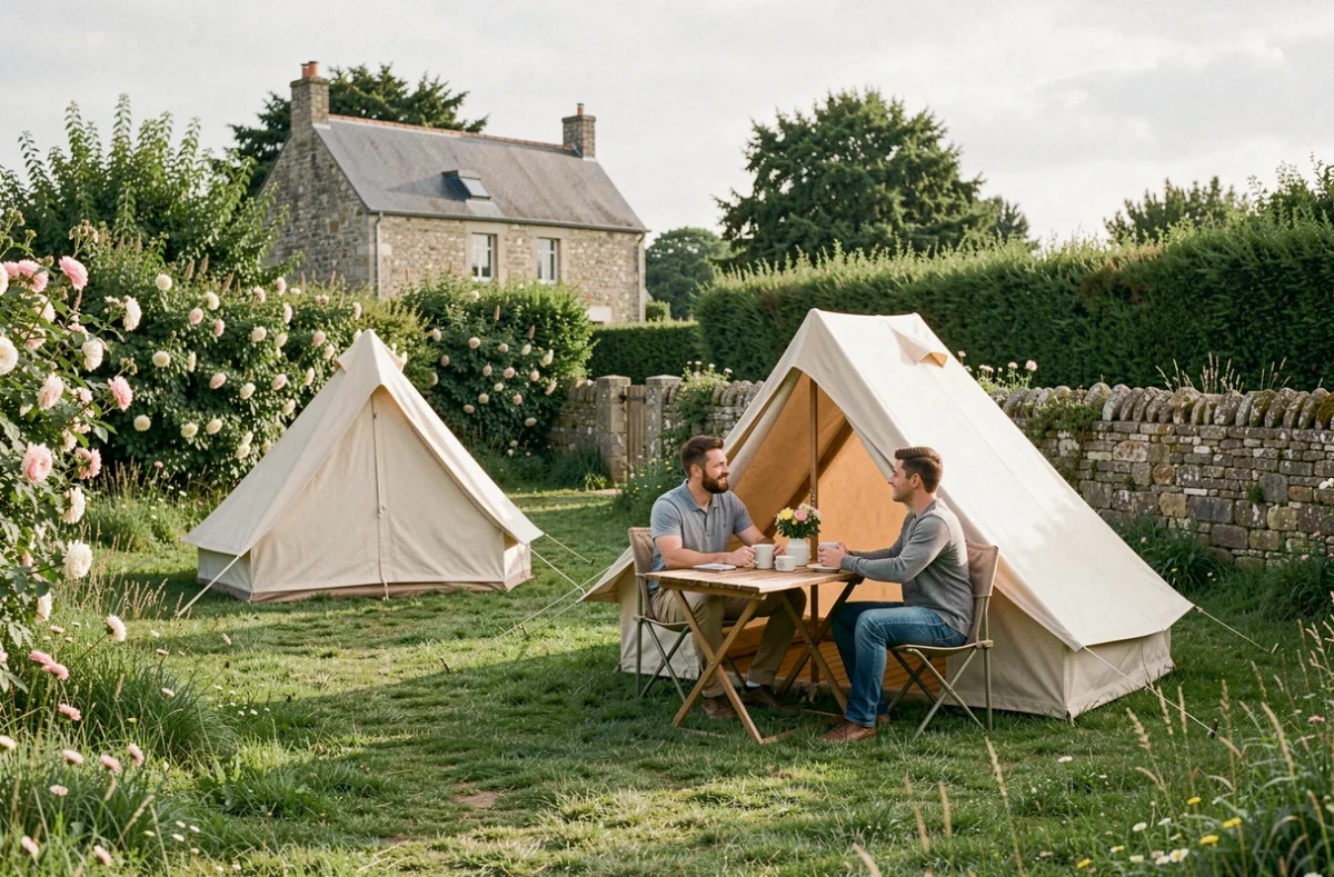 Camping Beauséjour avec tentes sur pelouse verte, haies fleuries et couple prenant le café