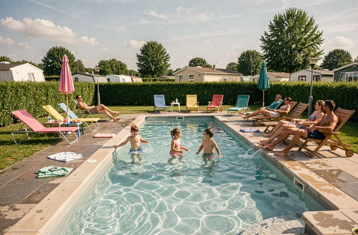 Piscine extérieure et emplacements de détente du Camping Country Park à Touquin en Seine-et-Marne