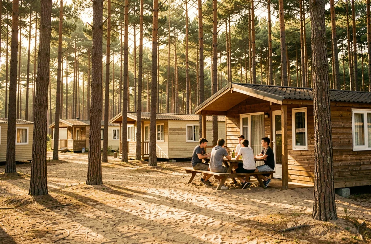 Camping Domaine de La Pinède avec chalets en bois et mobil-homes entre les pins dans le Pas-de-Calais