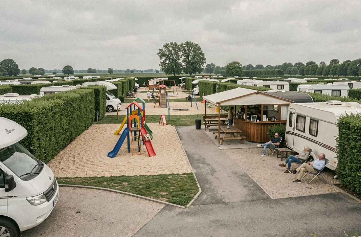 Camping L'International avec aire de jeux, terrasse snack et caravanes de touristes européens