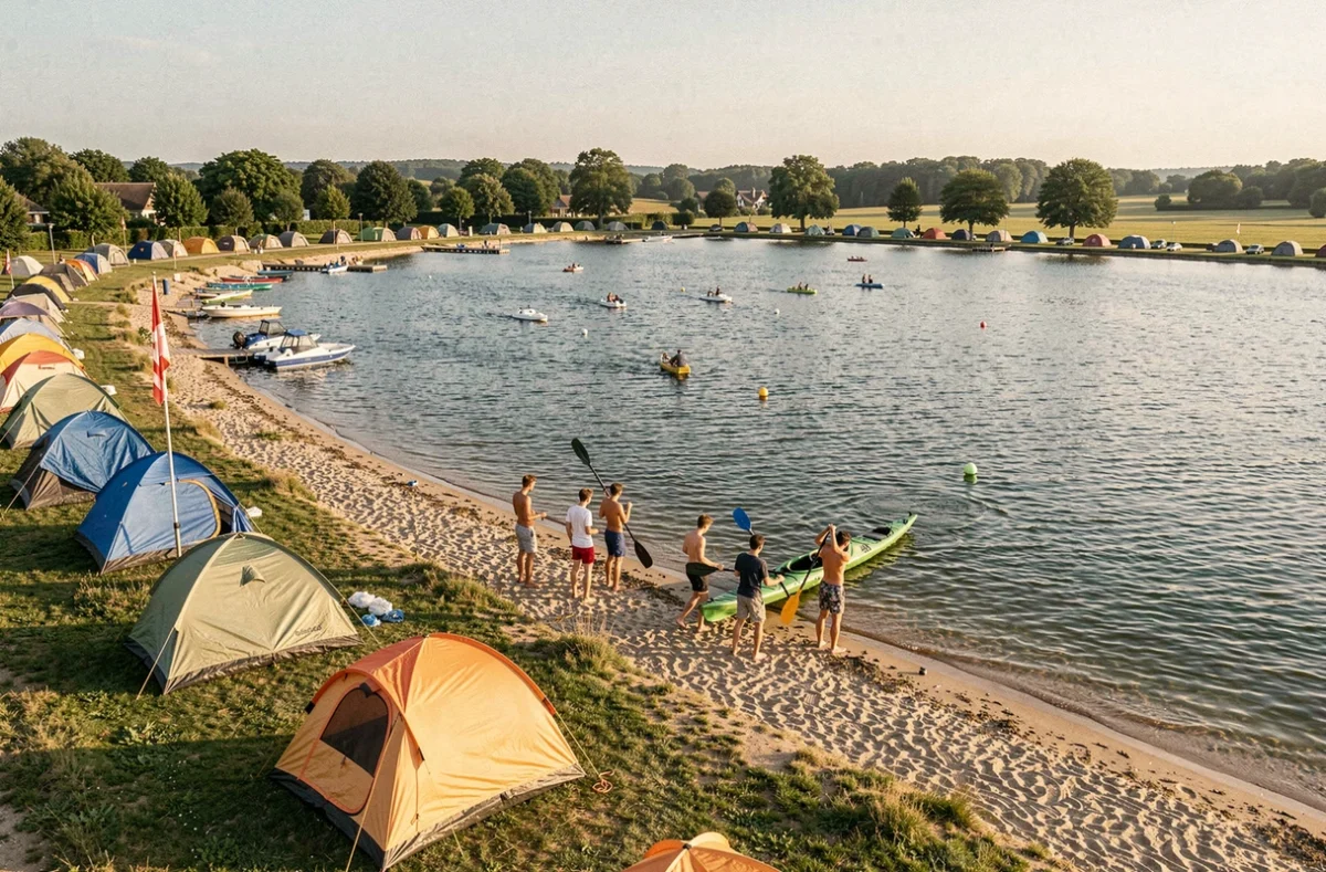 Lac de loisirs avec pédalos et tentes colorées au bord de la plage du Camping La Croix du Vieux Pont