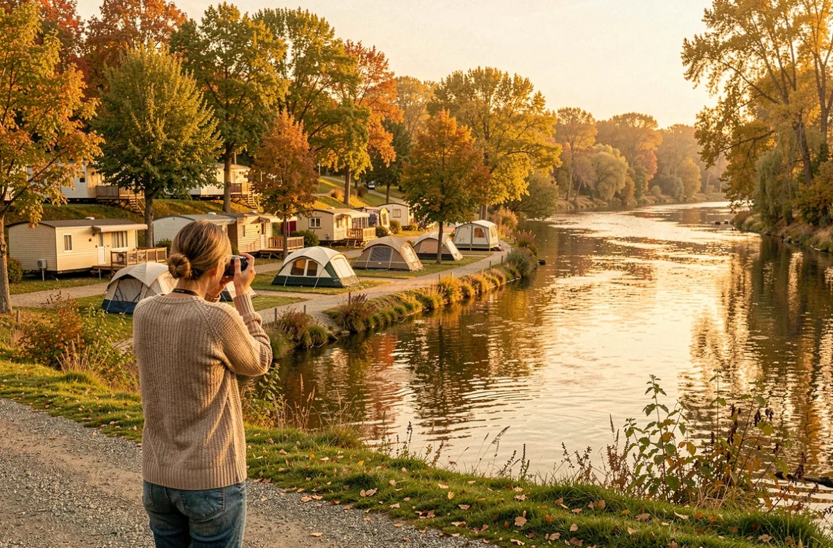 Emplacements en terrasses face à la rivière aux reflets dorés du Camping La Rivière Dorée en Île-de-France