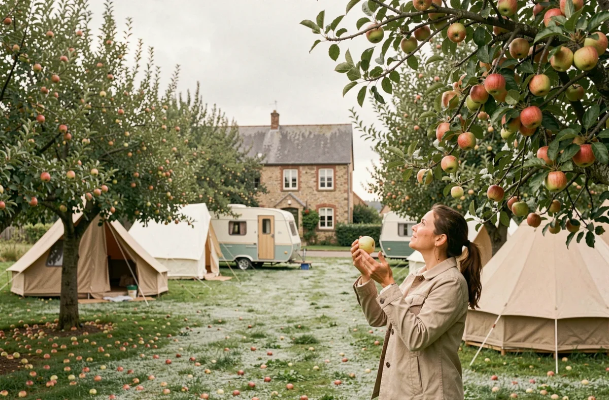 Camping Les Pommiers des Trois Pays avec tentes sous les pommiers en fleurs dans le Pas-de-Calais