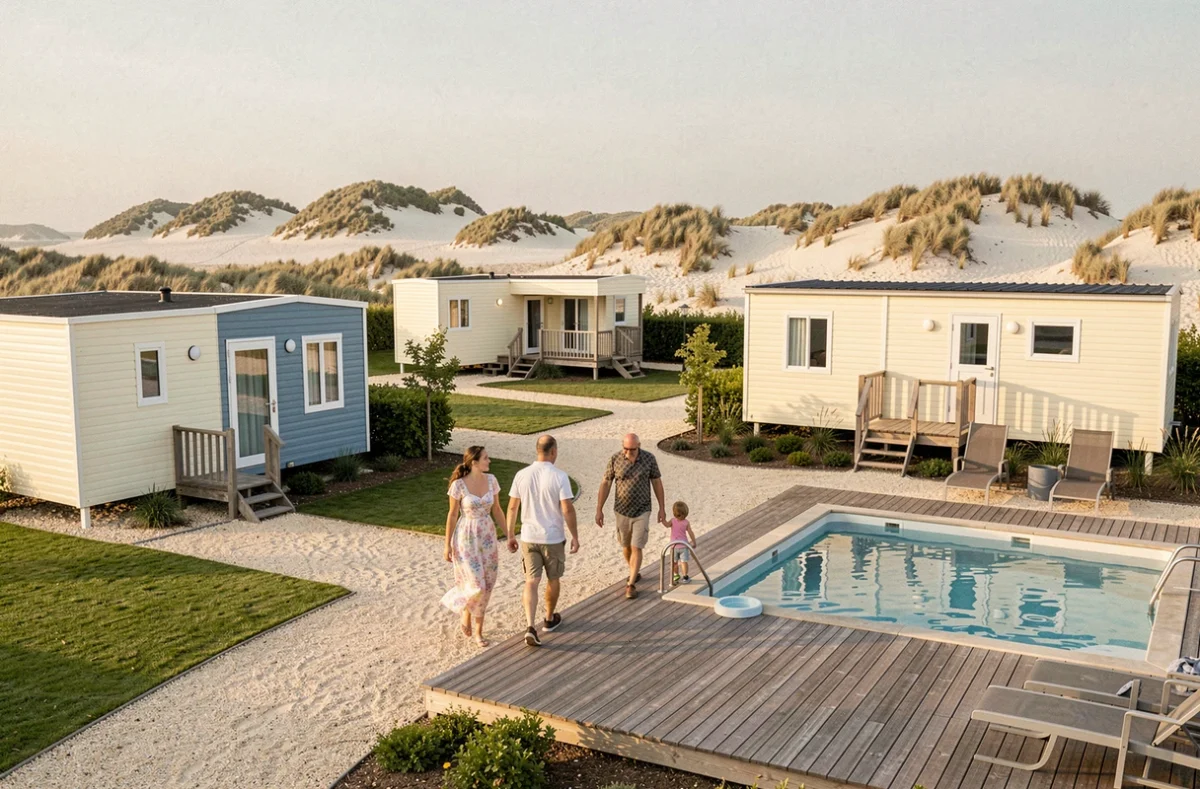 Camping Paradis Belle Dune avec mobil-homes modernes, piscine chauffée et famille se promenant près des dunes