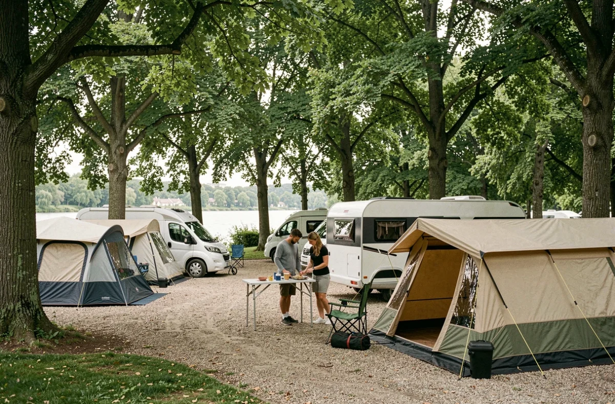 Camping du Bois de Boulogne avec tentes et camping-cars sous les arbres en bordure de Seine à Paris