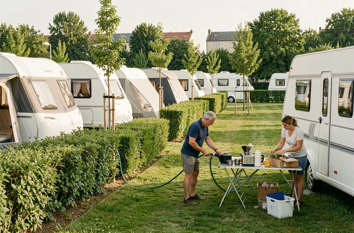 Rangées de caravanes et camping-cars sur les emplacements herbeux du Camping Paris-Est en région parisienne