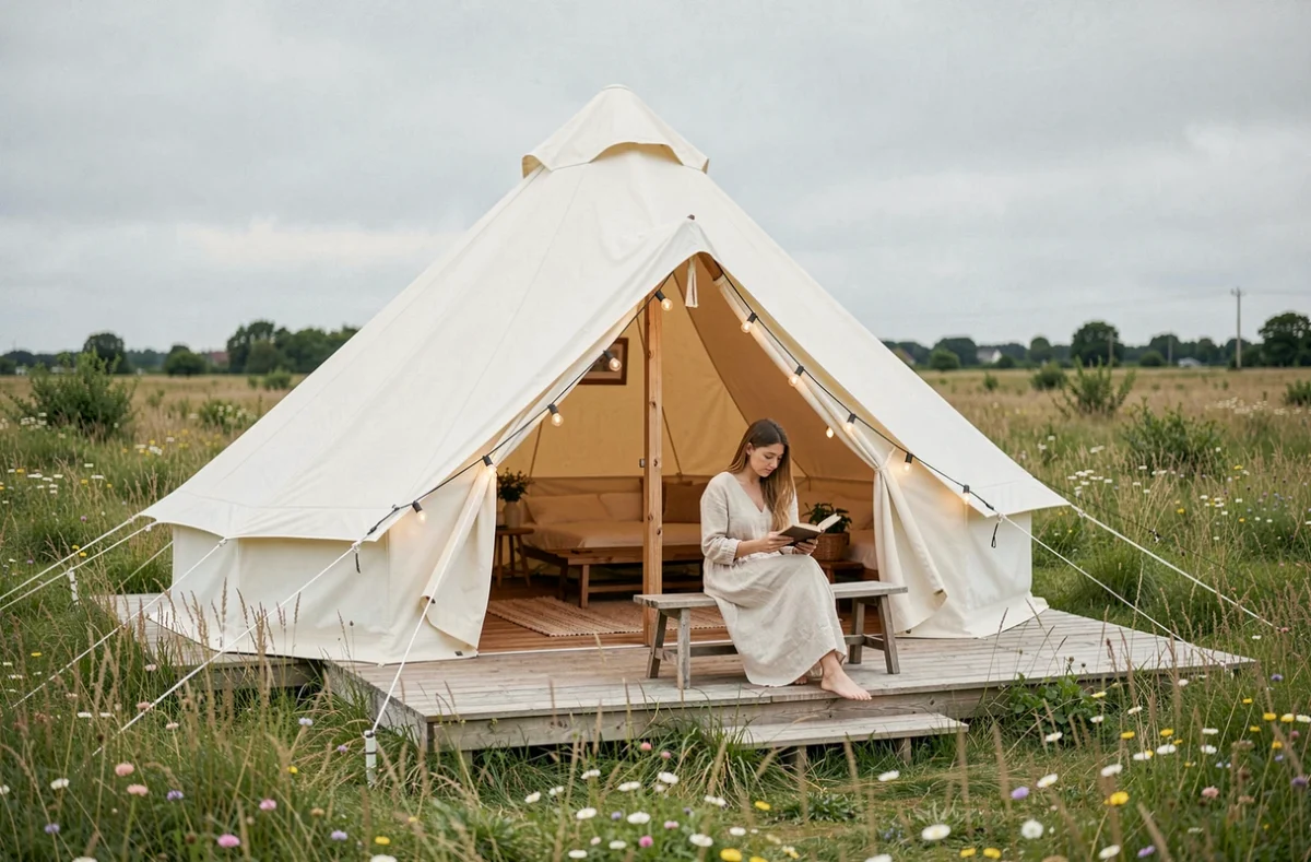 Tente bell tent style glamping dans une prairie verdoyante pour le camping Un Lit au Pré près de Paris