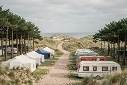 Vue panoramique d'un camping en bord de mer dans le Pas-de-Calais avec tentes, caravanes et dunes