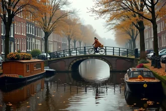 Canal du quartier Jordaan à Amsterdam en automne avec maisons à pignons en briques et femme à vélo sur un pont en pierre