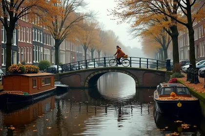 Canal du quartier Jordaan à Amsterdam en automne avec maisons à pignons en briques et femme à vélo sur un pont en pierre