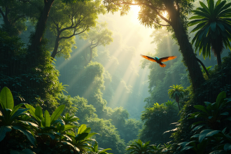 Forêt amazonienne dense avec oiseaux colorés et lumière