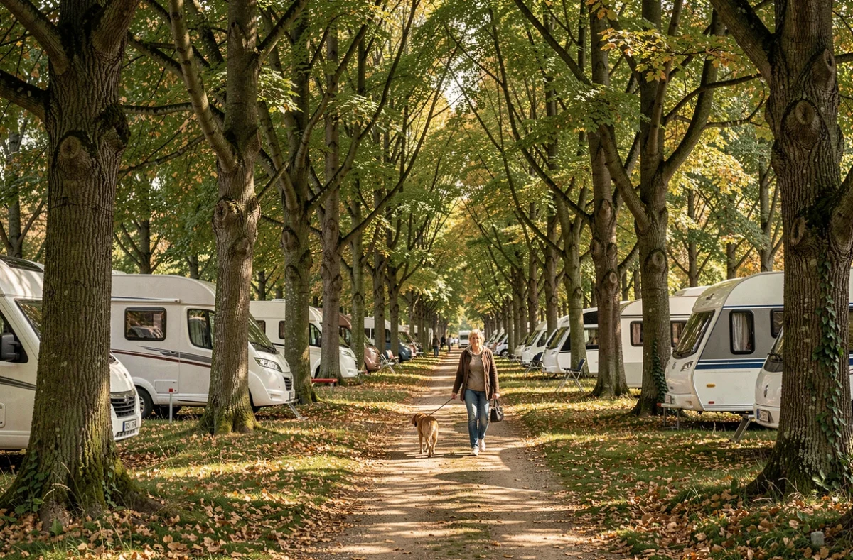 Caravaning L'Orée du Bois avec caravanes sous les arbres et promenade en forêt dans le Pas-de-Calais