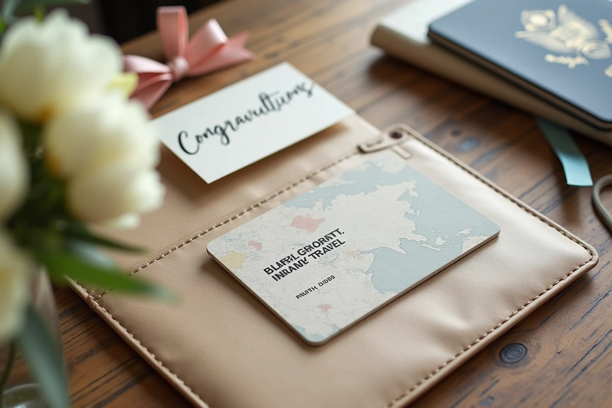 Carte cadeau voyage Selectour présentée en flat lay avec des pivoines blanches et un carnet de félicitations sur une table en bois