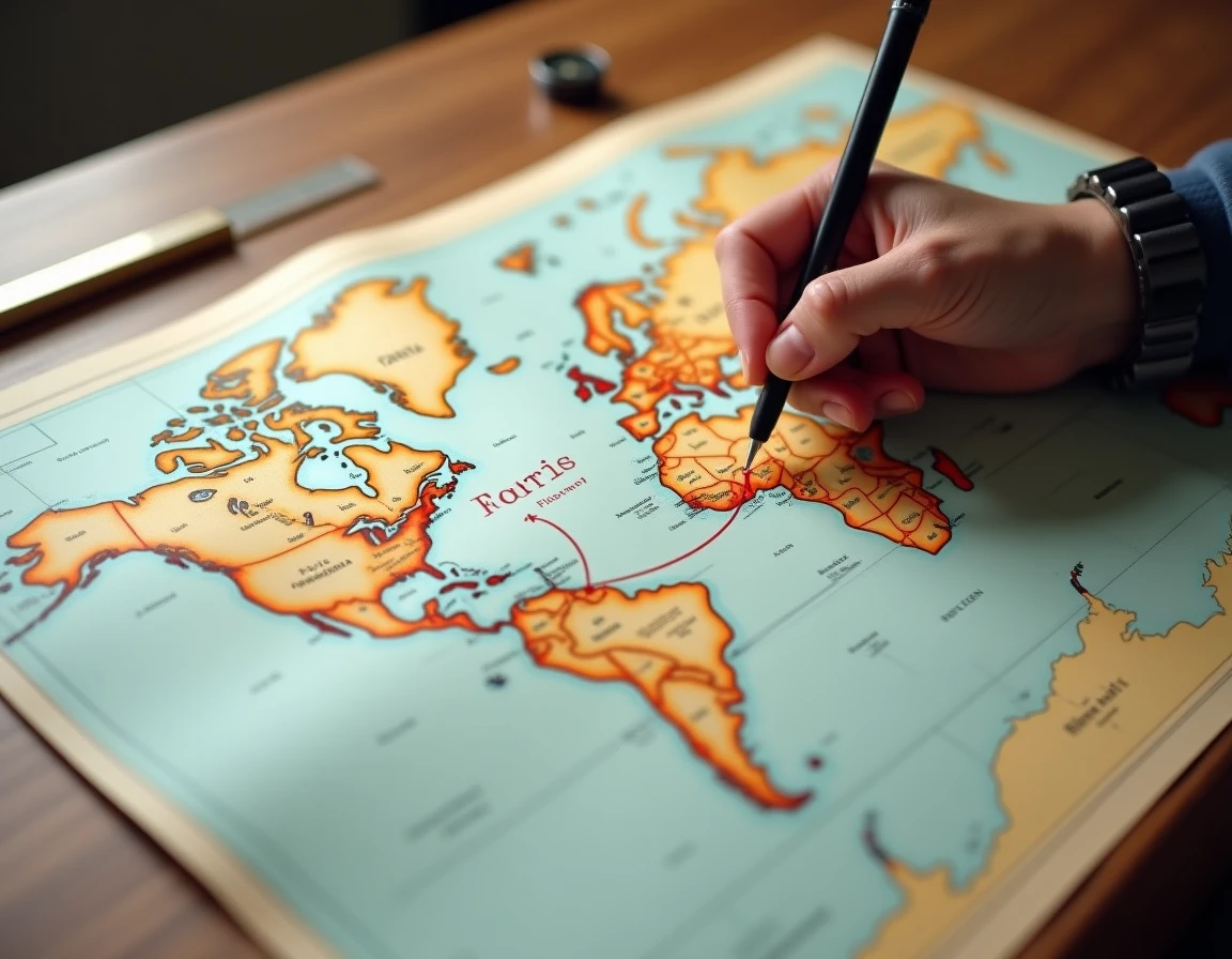 Carte du monde avec trajet tracé entre Paris et Sydney pour calculer la distance