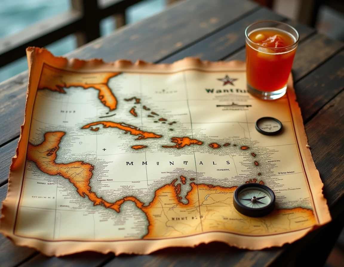 Carte nautique vintage de la mer des Cara&iuml;bes d&eacute;pli&eacute;e sur une table en bois avec une boussole, repr&eacute;sentant les zones climatiques et les temp&eacute;ratures de l'eau