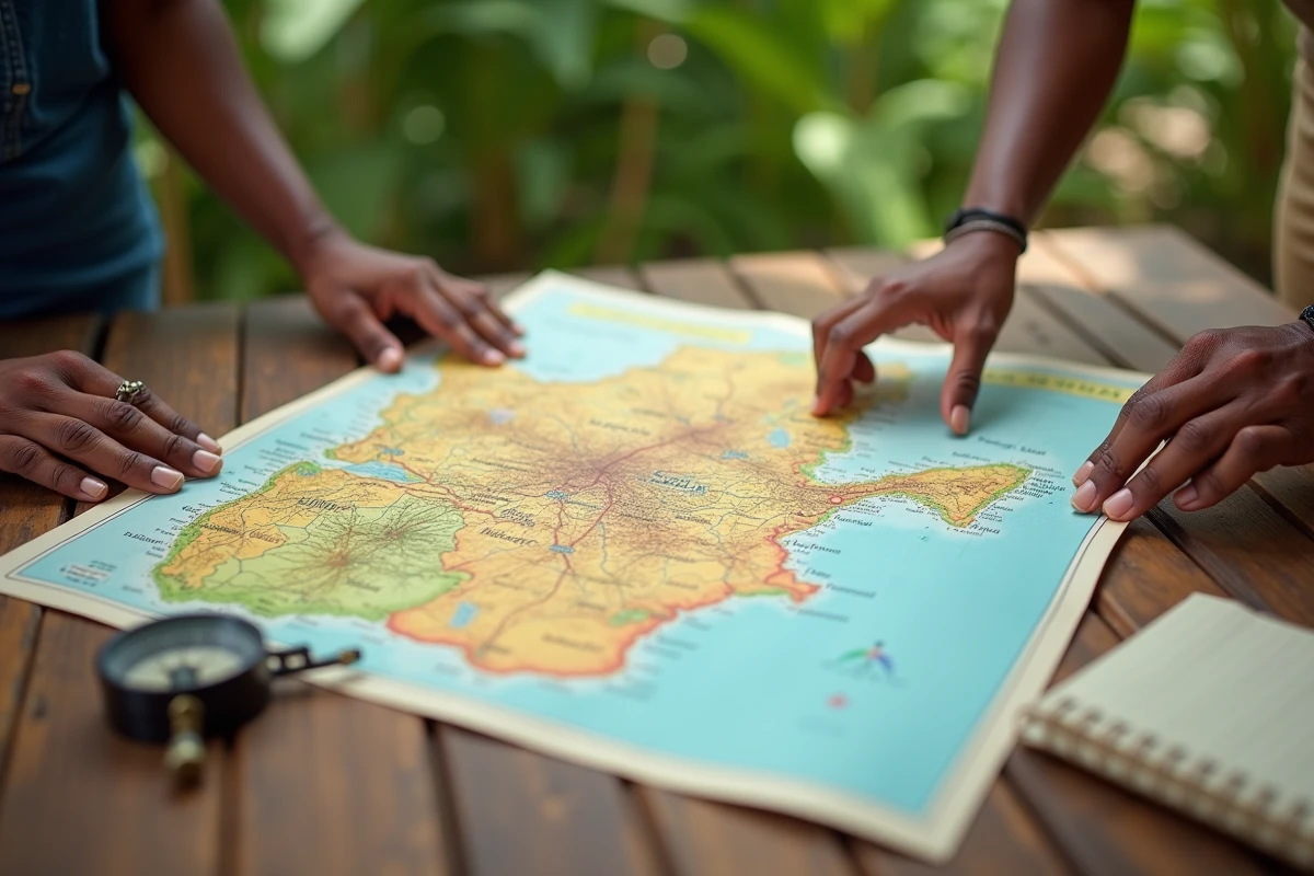 Carte topographique du Sénégal avec parcs nationaux annotés posée sur une table en bois