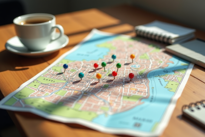 Carte de ville dessinée à la main sur une table en bois avec des épingles colorées