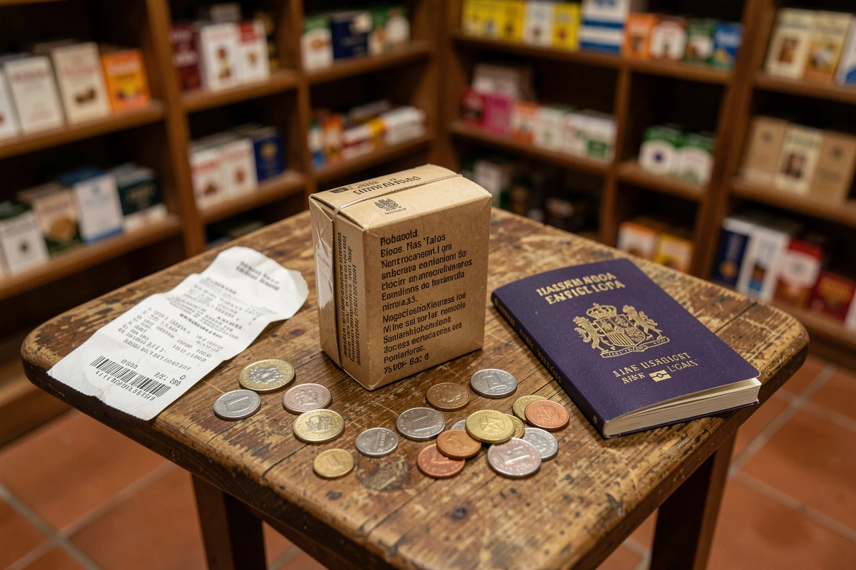 Cartouche de cigarettes posée sur une table avec un passeport espagnol dans un bureau de tabac