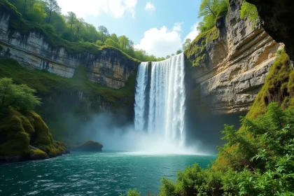 Cascade de la Vis dans les gorges de l'Hérault avec falaises calcaires et végétation luxuriante