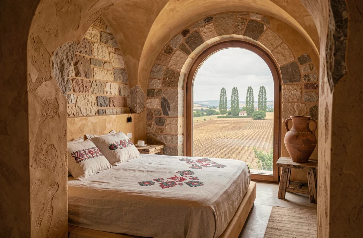 Chambre d'un boutique hôtel à Vergina avec murs en pierre, literie en lin et vue sur la campagne macédonienne grecque