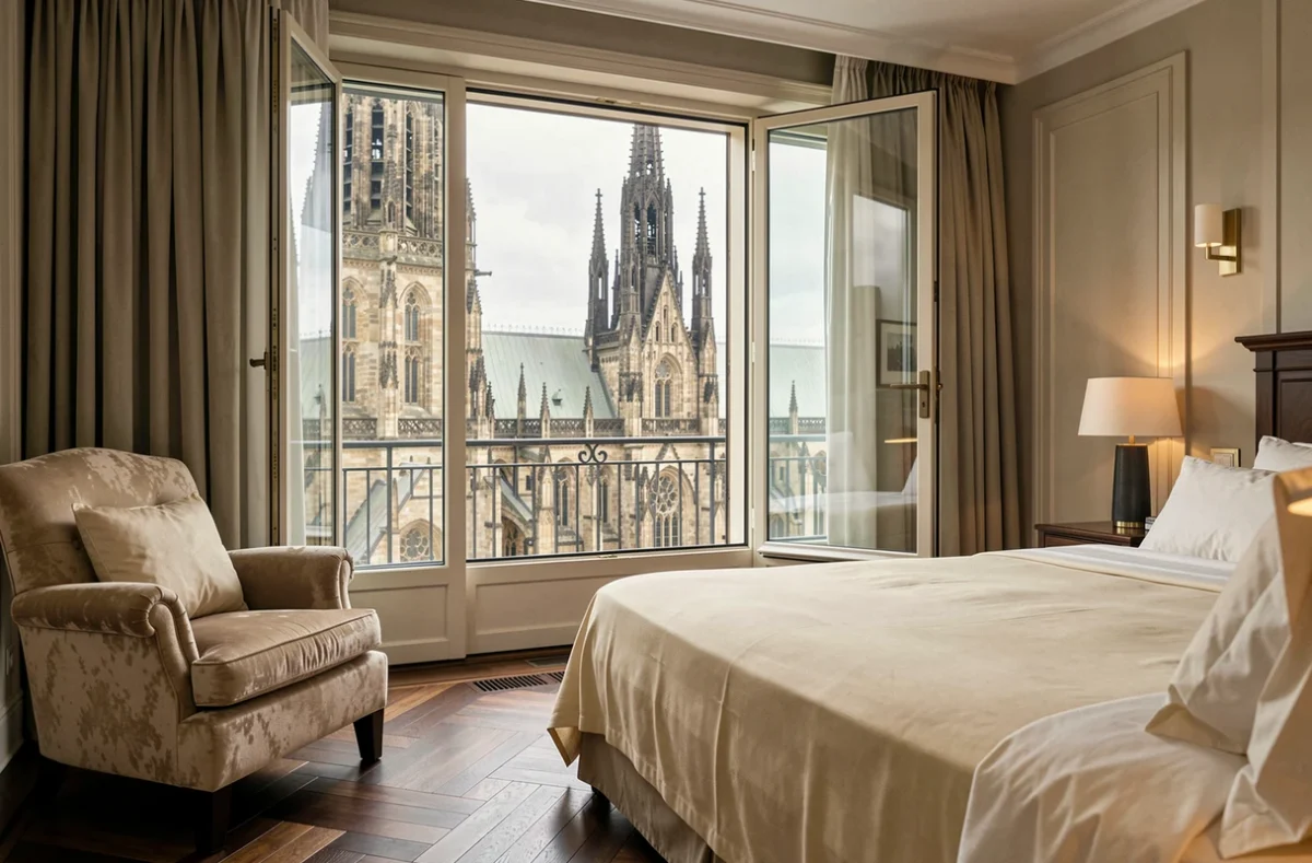 Chambre luxueuse d'hôtel 5 étoiles à Strasbourg avec vue panoramique sur la cathédrale Notre-Dame depuis la fenêtre ouverte