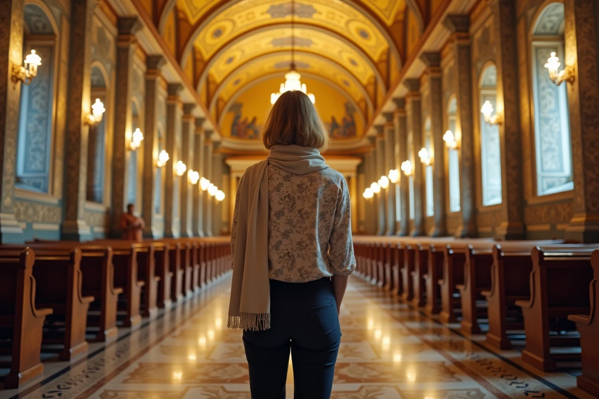Intérieur de la Chapelle Palatine au Palais des Normands avec ses mosaïques dorées byzantines et une visiteuse respectueusement voilée