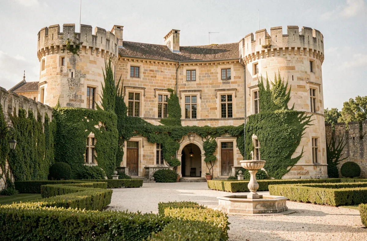Façade en pierre du Château de la Ponche, chambre d'hôtes de charme dans le Vaucluse, avec jardin à la française