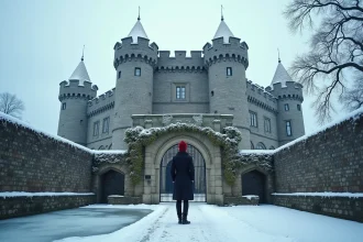 Visiteur devant un château médiéval enneigé en hiver, avec tours en pierre et douves gelées