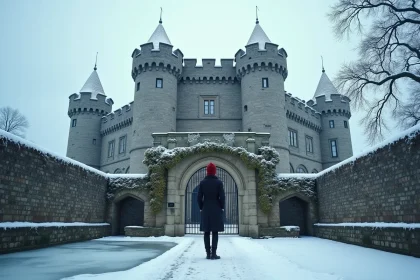Visiteur devant un château médiéval enneigé en hiver, avec tours en pierre et douves gelées