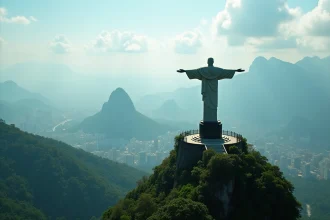 Vue grand angle du Christ Rédempteur au sommet du Corcovado avec la forêt atlantique et Rio de Janeiro en arrière-plan