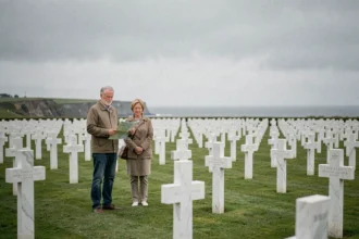 Couple de visiteurs se recueillant parmi les croix blanches du cimetière américain de Colleville-sur-Mer en Normandie