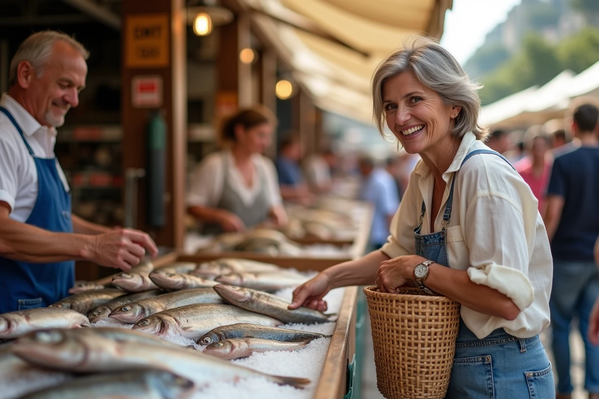 Cliente et poissonnier au marché de Fort Mahon, échange autour des produits frais de la mer