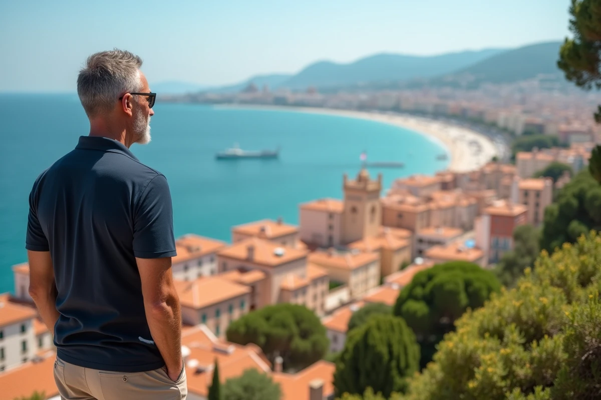 Homme admirant la vue panoramique sur Nice et la Promenade des Anglais depuis la Colline du Château